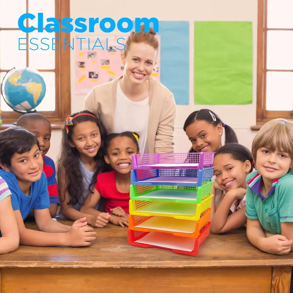 4E’s Novelty Colorful Plastic Classroom Storage Bins - 13.75’’ x 10.25’’ for Organizing Papers Pencils Arts & Crafts