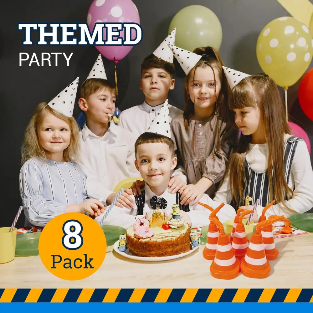 4E’s Novelty Construction Cone Cups – 8-Pack 10oz Plastic Cups with Lid & Straws Perfect for Kids Construction Theme