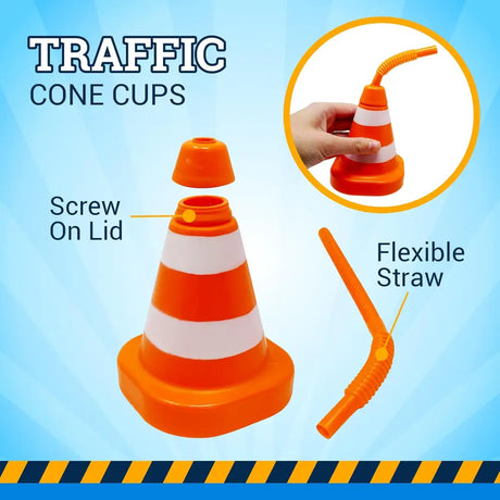 4E’s Novelty Construction Cone Cups – 8-Pack 10oz Plastic Cups with Lid & Straws Perfect for Kids Construction Theme
