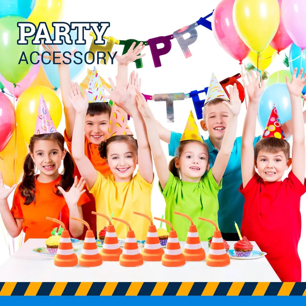4E’s Novelty Construction Cone Cups – 8-Pack 10oz Plastic Cups with Lid & Straws Perfect for Kids Construction Theme