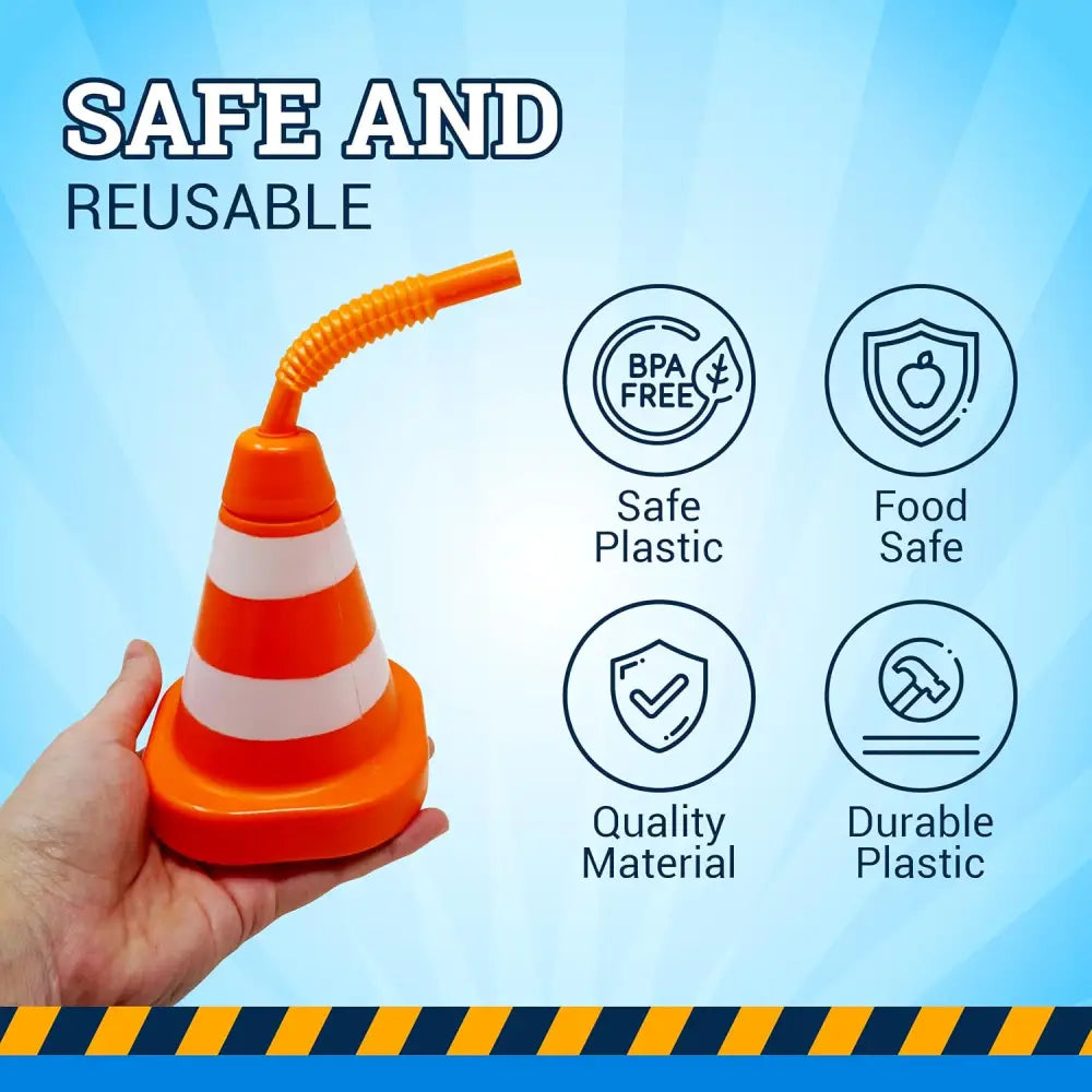 4E’s Novelty Construction Cone Cups – 8-Pack 10oz Plastic Cups with Lid & Straws Perfect for Kids Construction Theme