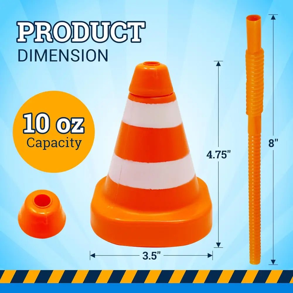 4E’s Novelty Construction Cone Cups – 8-Pack 10oz Plastic Cups with Lid & Straws Perfect for Kids Construction Theme