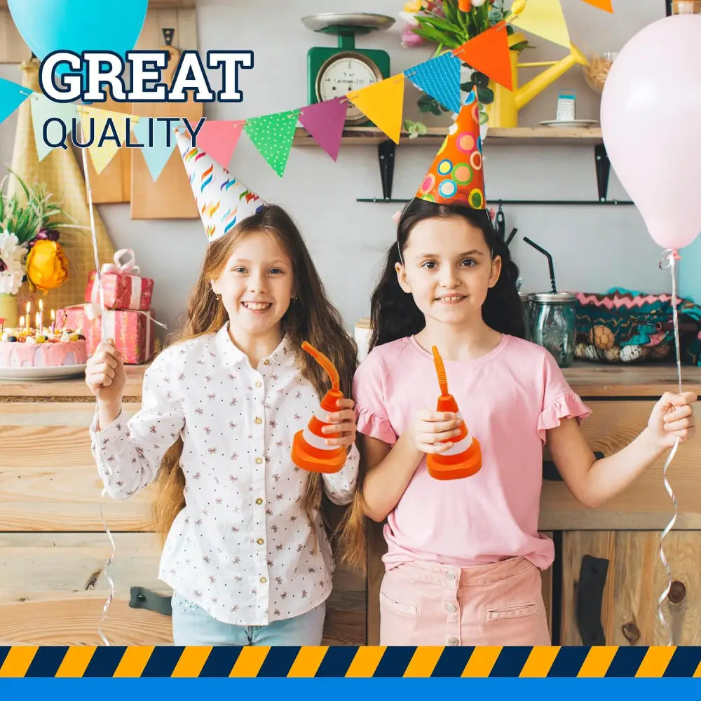 4E’s Novelty Construction Cone Cups – 8-Pack 10oz Plastic Cups with Lid & Straws Perfect for Kids Construction Theme