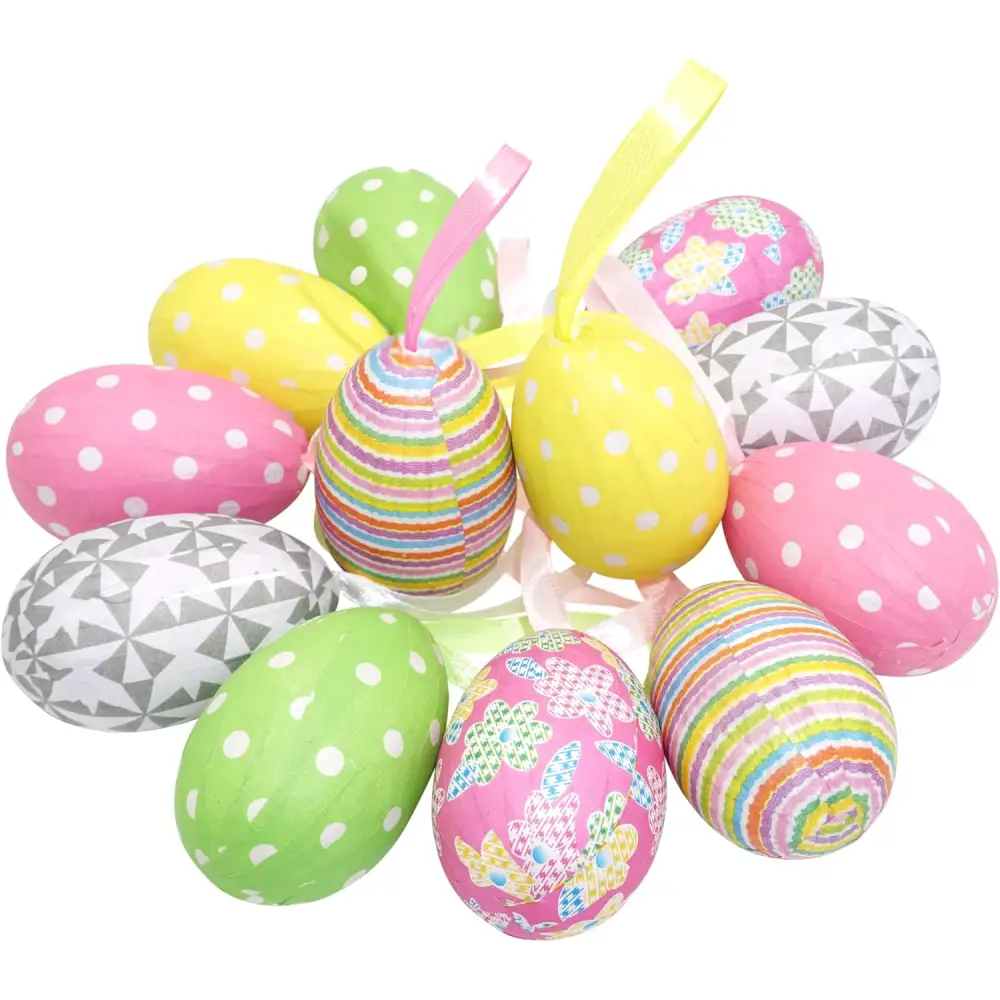 4E’s Novelty Easter Tree Ornaments - 2.25’’ Paper Mache Easter Egg Decorations Set of 12
