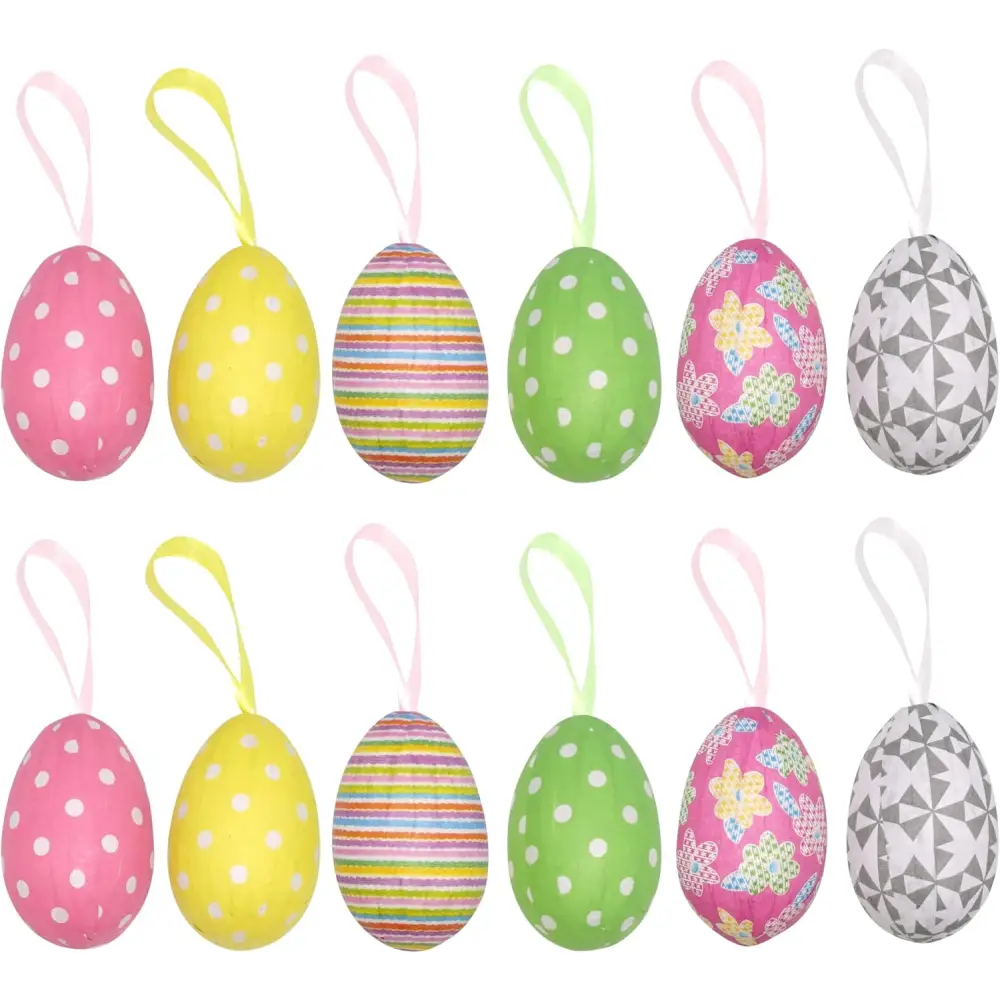 4E’s Novelty Easter Tree Ornaments - 2.25’’ Paper Mache Easter Egg Decorations Set of 12