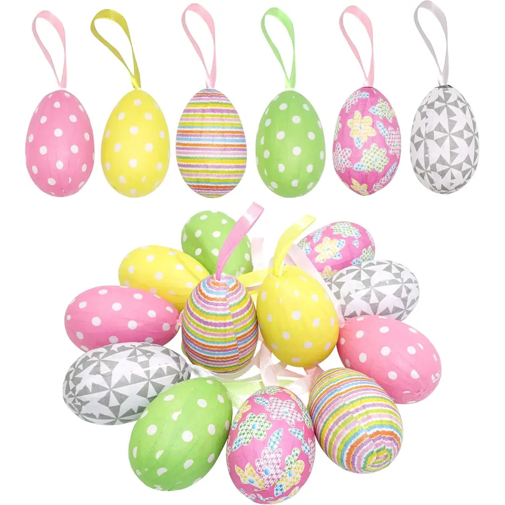 4E’s Novelty Easter Tree Ornaments - 2.25’’ Paper Mache Easter Egg Decorations Set of 12