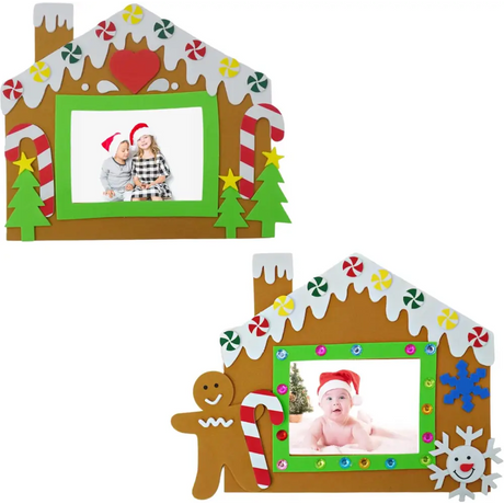 4E’s Novelty Foam Gingerbread House Picture Frame Craft (12 Pack) – DIY Self Adhesive Christmas Photo Magnet Craft Kits