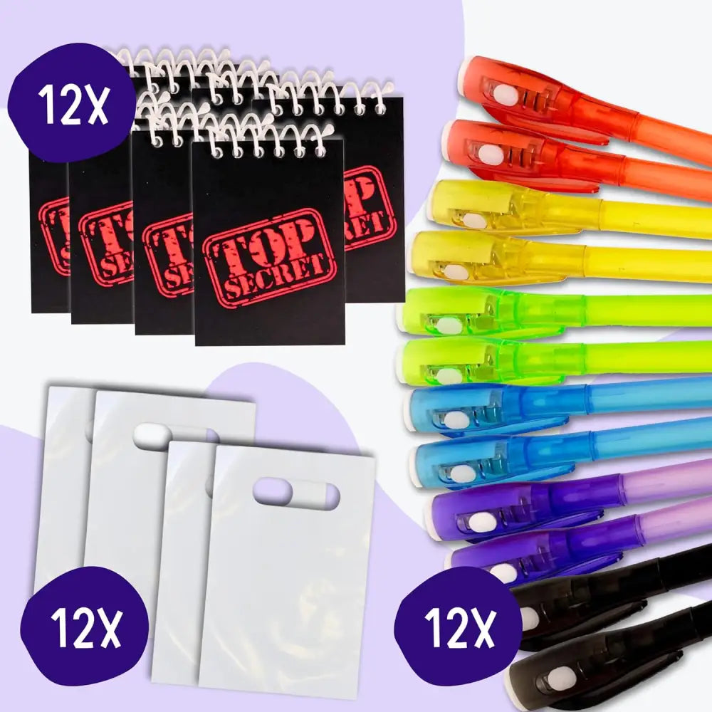 4E’s Novelty Fun Pens for Kids – 12 Magic UV Light Pens Notebooks & Goodie Bags for Spy Adventures - Party Favors