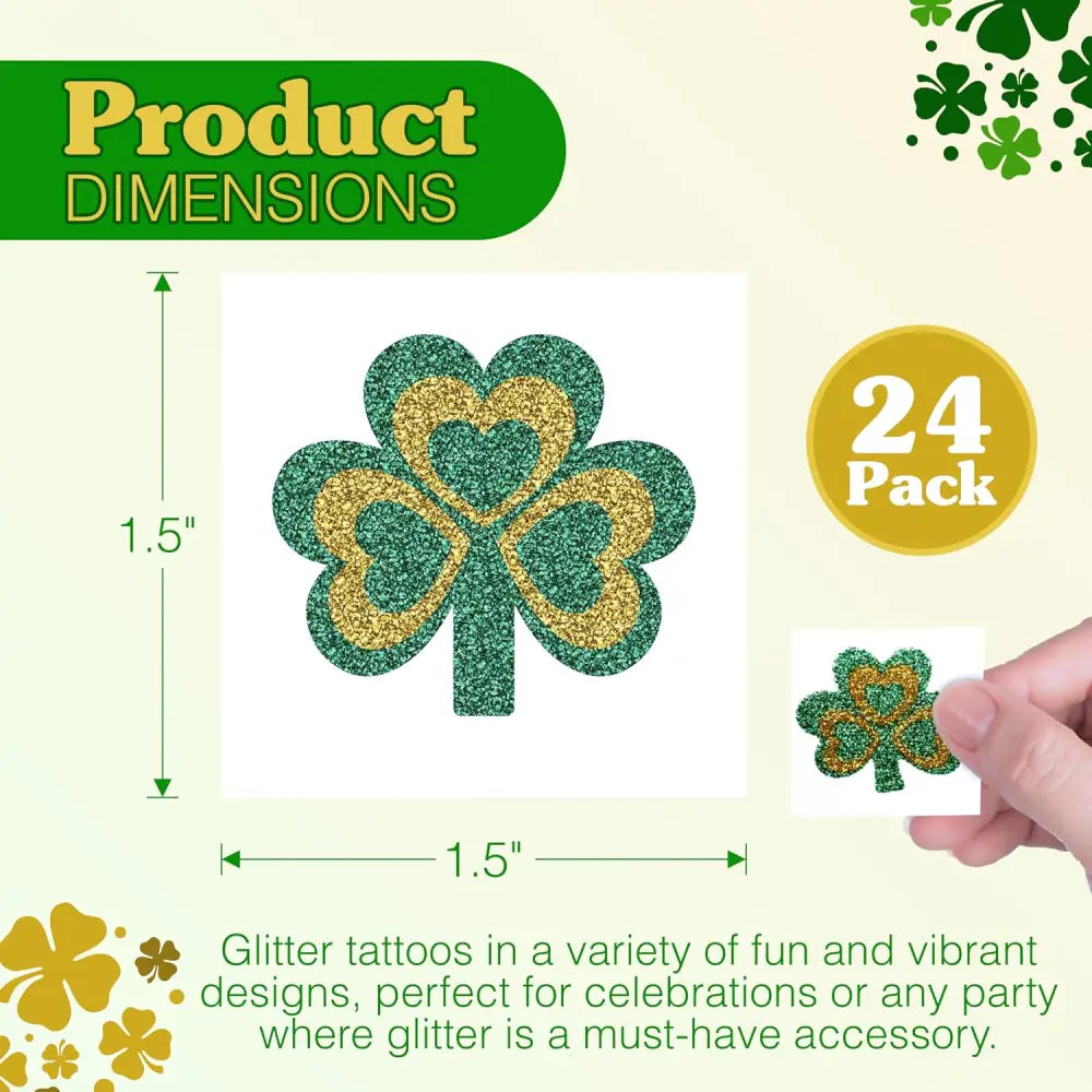 4E’s Novelty Glitter Shamrock Tattoos – 24 Pack St. Patrick’s Day Party Accessories for Kids & Adults