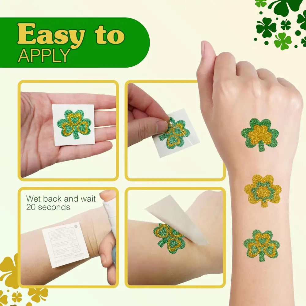 4E’s Novelty Glitter Shamrock Tattoos – 24 Pack St. Patrick’s Day Party Accessories for Kids & Adults