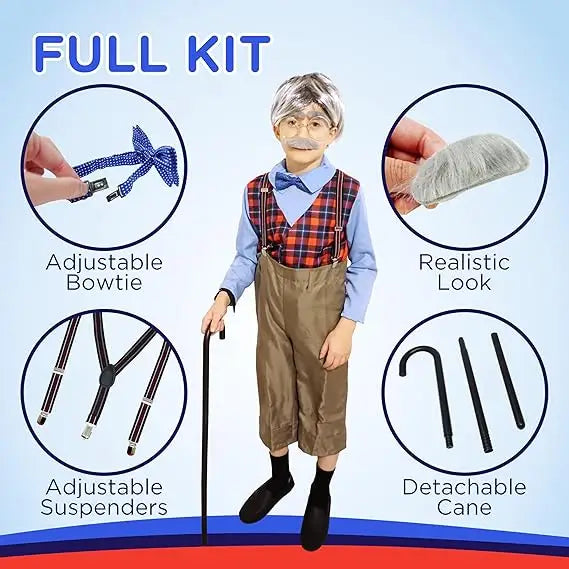 4E’s Novelty Grandpa Costume – 6-Pc Old Man Outfit with Cane for Kids (Large) - Costumes & Accessories