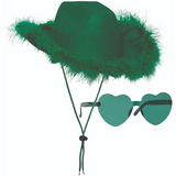4E’s Novelty Green Cowboy Hat with Feathers & Heart-Shaped Sunglasses - Perfect Cowboy Outfit Accessory Cowboy Hat