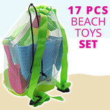 4E's Novelty 17-Piece Beach Toy Set with Bag for Toddlers - Castle Bucket, Shovels, Molds, Mesh Beach Bag Backpack, Sand Toys for Kids (Ages 3-10)