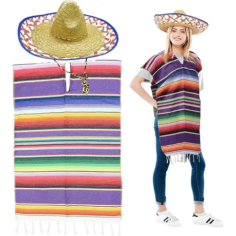 4E’s Novelty Mexican Serape Poncho with Sombrero Hat Costume – Fiesta Party Dress Up
