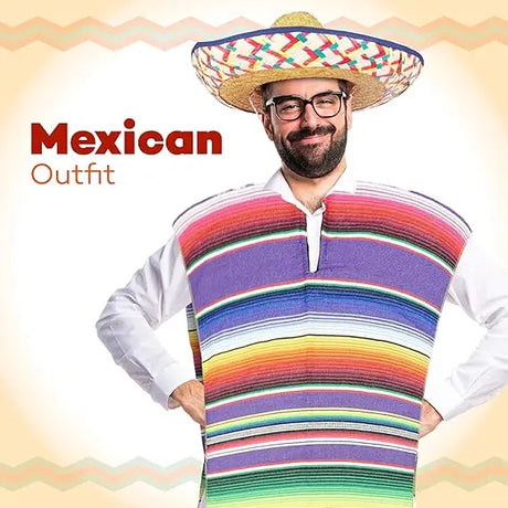 4E’s Novelty Mexican Serape Poncho with Sombrero Hat Costume – Fiesta Party Dress Up