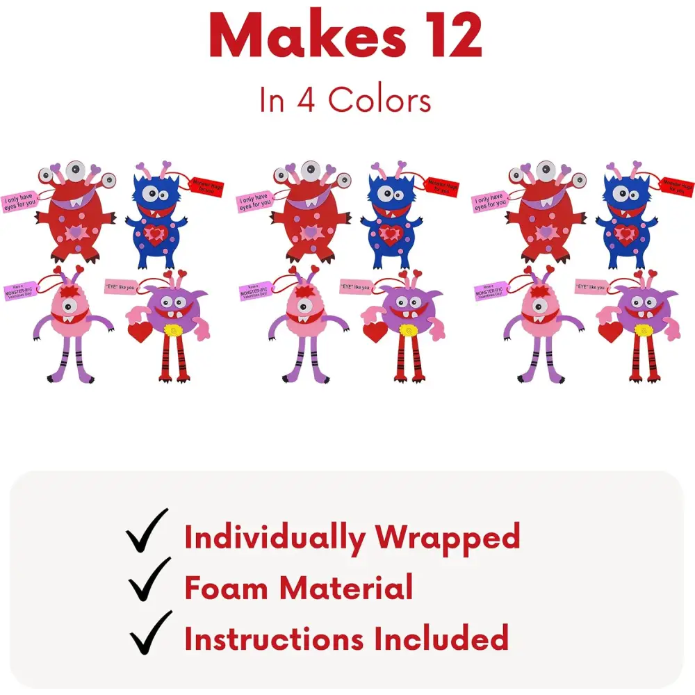 4E’s Novelty Monster Valentine Craft Kit – 12-Pack Easy DIY Love Monster Crafts for Kids