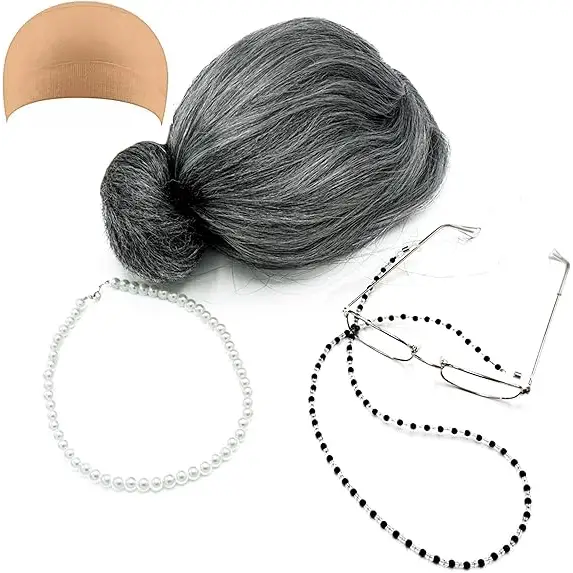 4E’s Novelty Old Lady Costume – 5-Pc Grandma Dress-Up Set for Girls’ 100th Day of School - Costume Accessories