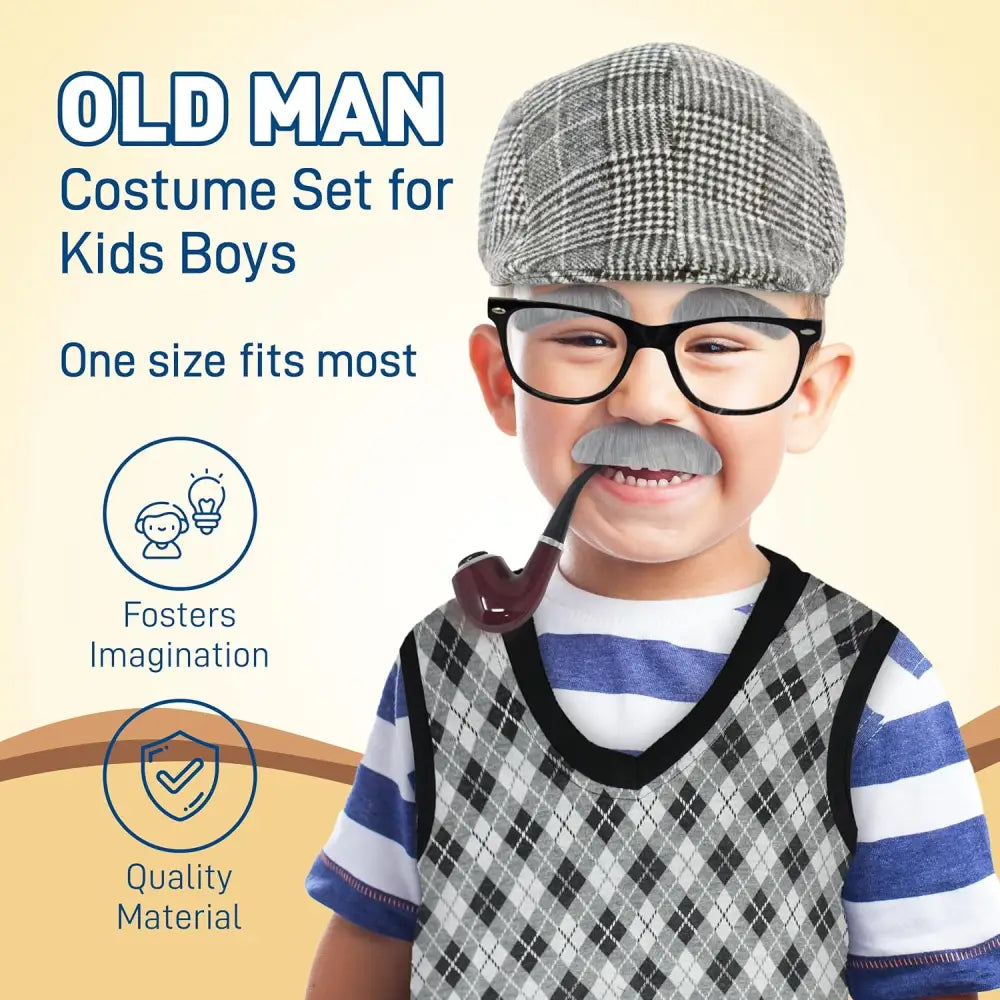 4E’s Novelty Old Man Costume – Vest Cane & 8-Pc Dress-Up Kit for Kids (Medium) - Costumes & Accessories