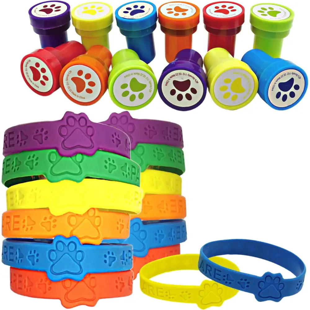 4E’s Novelty Paw Print Party Favors – 24 Bracelets & 24 Stamps for Kids