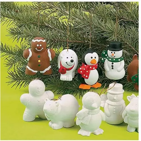 4E’s Novelty Ready to Paint Ceramic Ornaments – DIY Holiday Craft Kit for All Ages 12-Pack