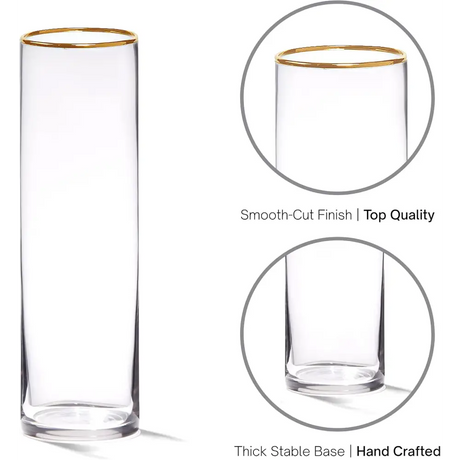 4E’s Novelty Set of 3 Glass Cylinder Vases with Gold Rim – Elegant Centerpieces & Candle Holders