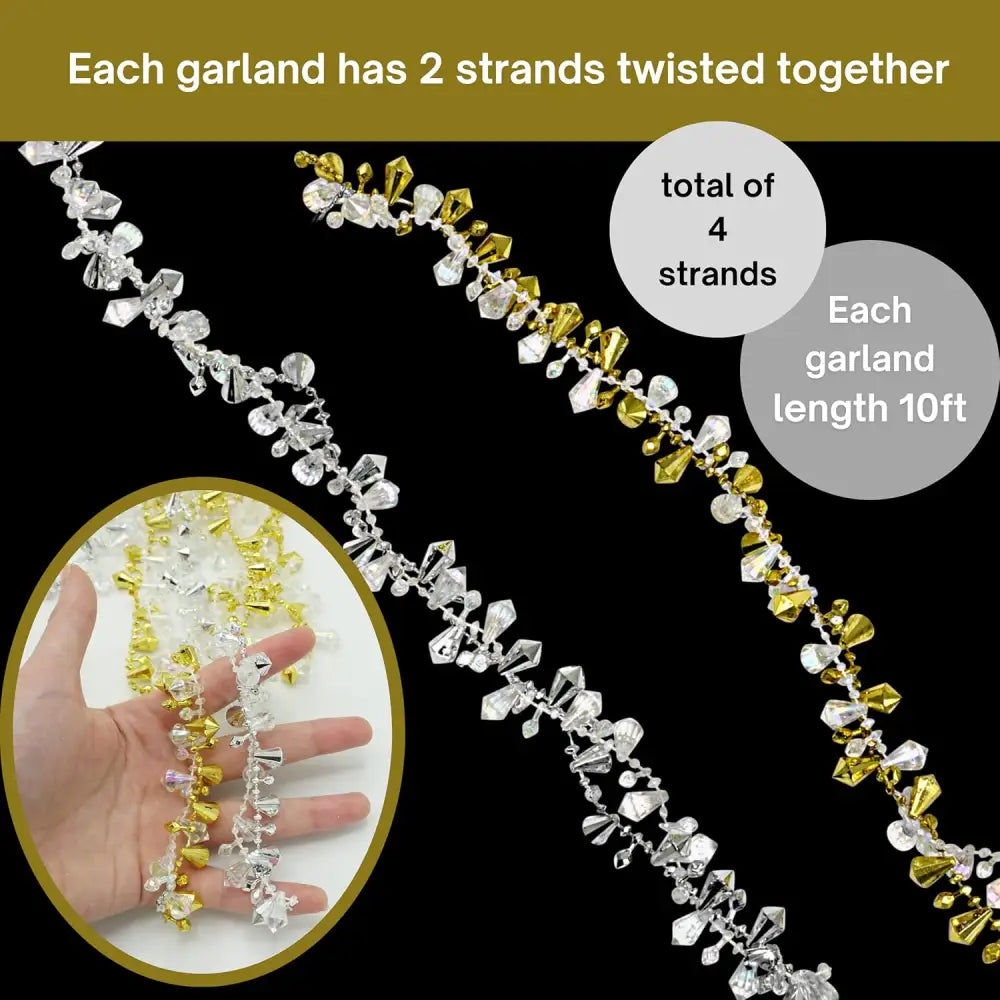 4E’s Novelty Set of 4 Crystal Beaded Christmas Tree Garland Ornaments - Silver & Gold Bead Garland for Christmas Tree
