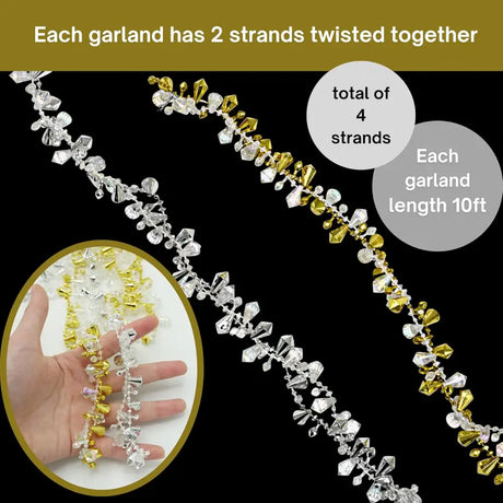 4E’s Novelty Set of 4 Crystal Beaded Christmas Tree Garland Ornaments - Silver & Gold Bead Garland for Christmas Tree
