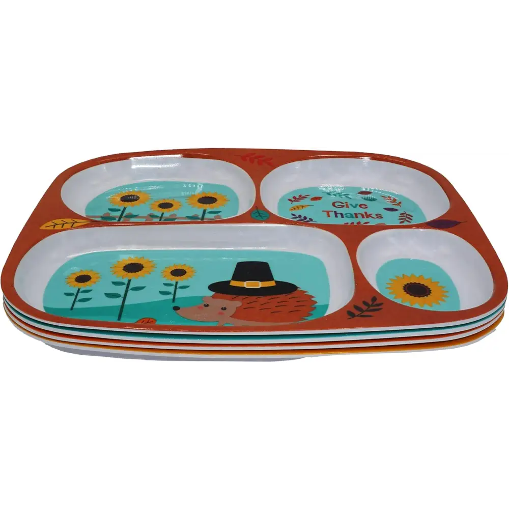 4E’s Novelty Set of 4 Fall Thanksgiving Melamine Dinnerware Sets for Kids – Autumn Kids Plates With Dividers BPA-Free