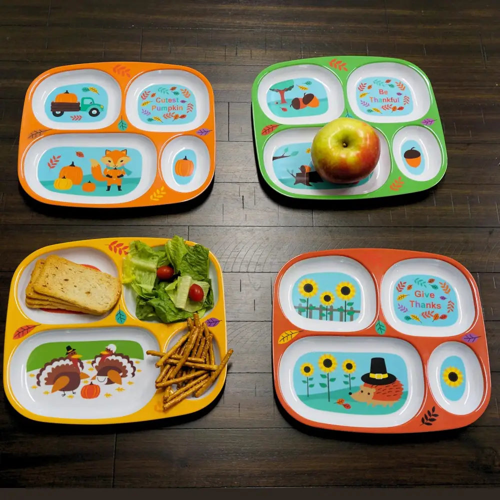 4E’s Novelty Set of 4 Fall Thanksgiving Melamine Dinnerware Sets for Kids – Autumn Kids Plates With Dividers BPA-Free