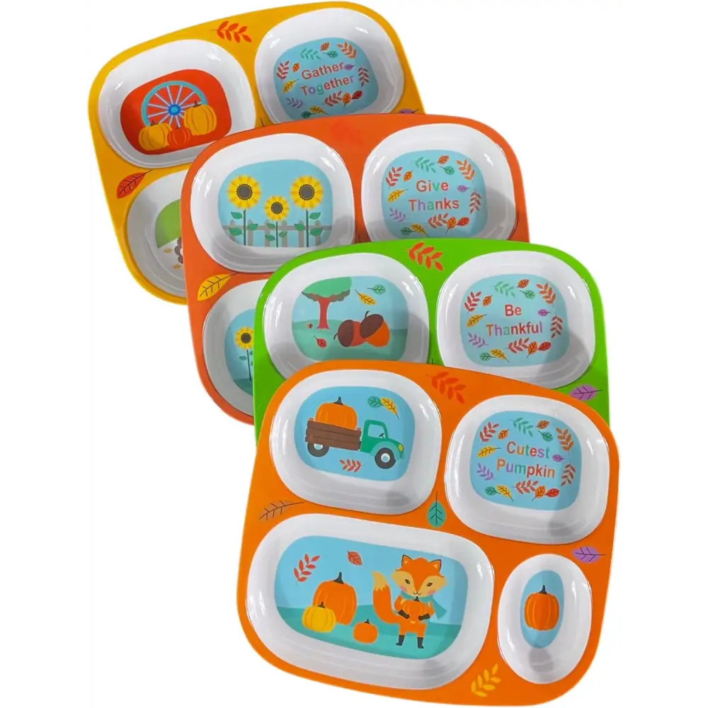 4E’s Novelty Set of 4 Fall Thanksgiving Melamine Dinnerware Sets for Kids – Autumn Kids Plates With Dividers BPA-Free