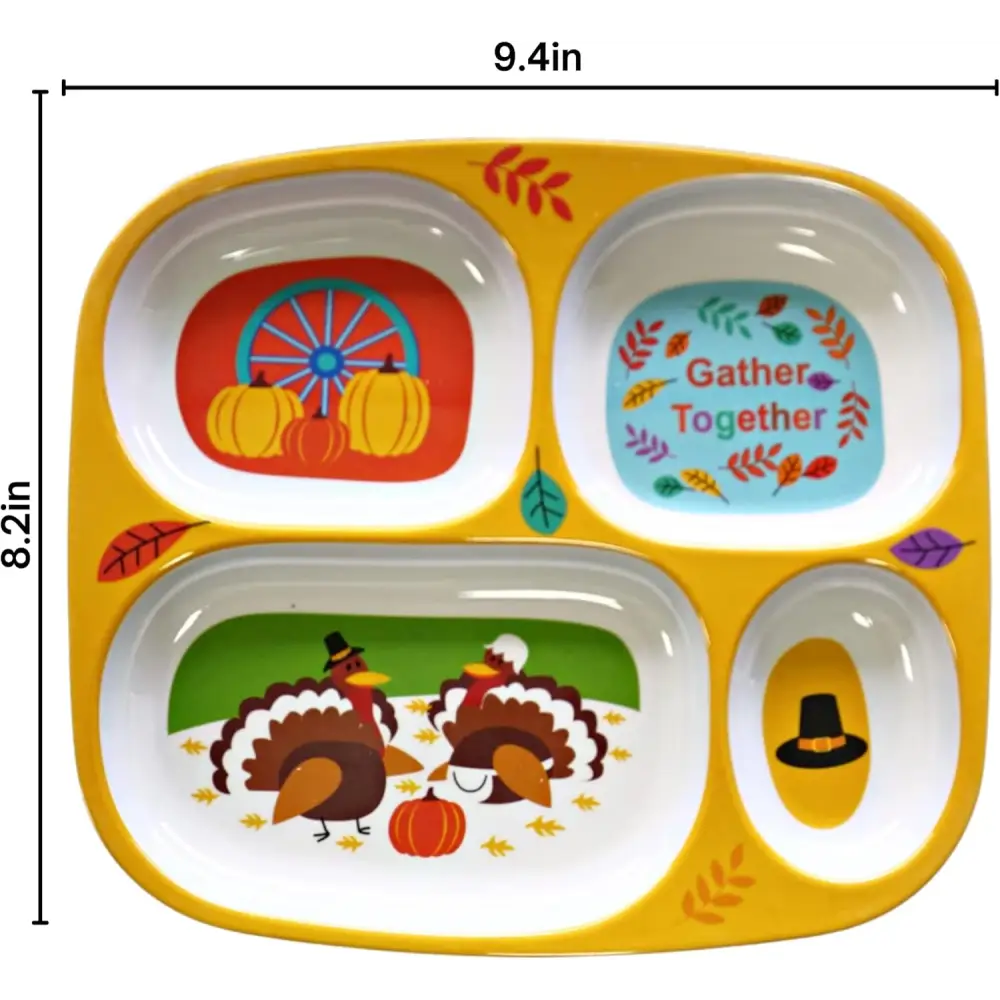 4E’s Novelty Set of 4 Fall Thanksgiving Melamine Dinnerware Sets for Kids – Autumn Kids Plates With Dividers BPA-Free