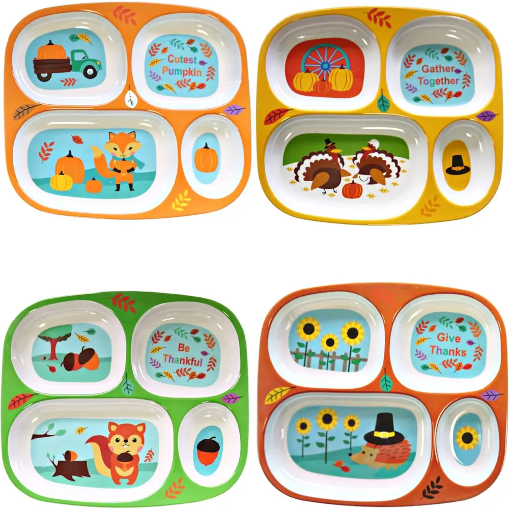 4E’s Novelty Set of 4 Fall Thanksgiving Melamine Dinnerware Sets for Kids – Autumn Kids Plates With Dividers BPA-Free