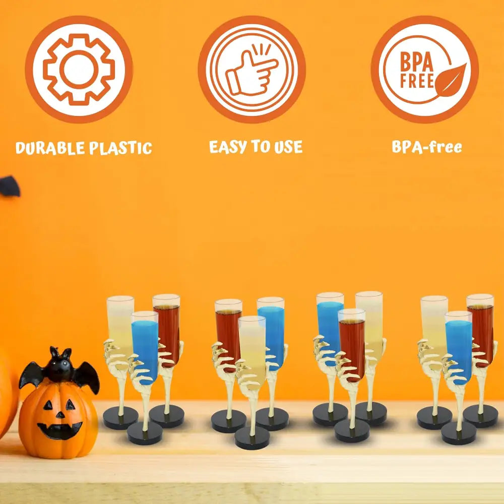 4E’s Novelty Skeleton Hand Flutes 12 Pack - Clear Plastic Halloween Champagne Cocktail Goblets (2.7oz) - Halloween Wine