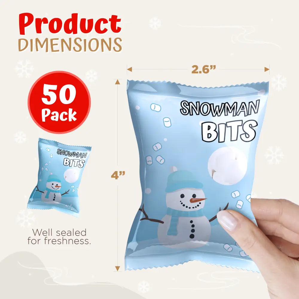 4E’s Novelty Snowman Bits Mini Marshmallow 50 Packs - Vanilla Flavored Individually Wrapped Marshmallows Packets