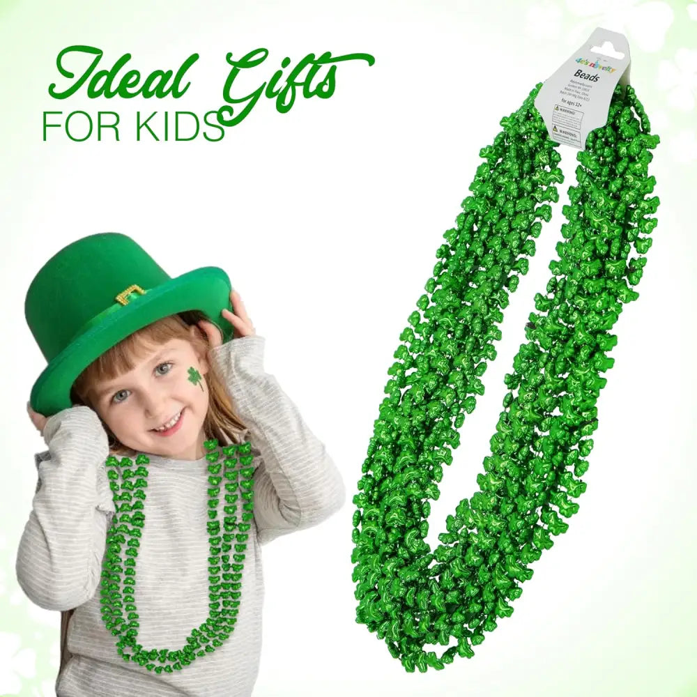 4E’s Novelty St. Patrick’s Day Beads – 12-Pack Shamrock Clover Green Necklaces for Party Favors