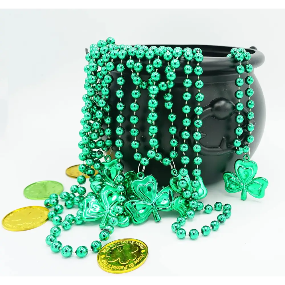 4E’s Novelty St. Patrick’s Day Beads Necklace Bulk (24 Pack) – Shamrock Green Beads for Irish Party Favors
