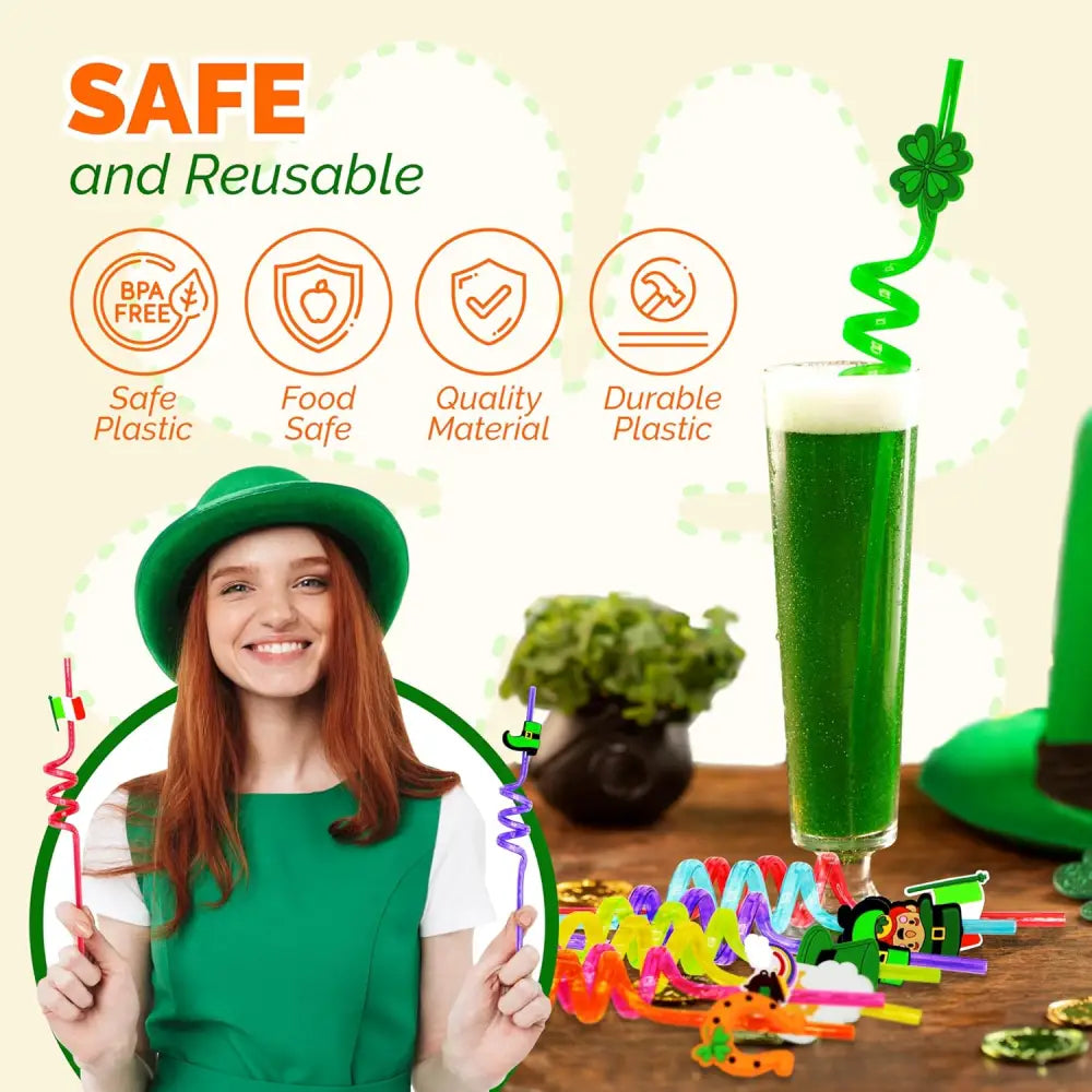 4E’s Novelty St. Patrick’s Day Party Straws – 24 Reusable Shamrock Straws for Kids & Adults