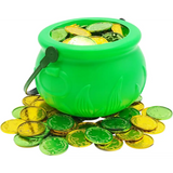 4E’s Novelty St. Patrick’s Day Pot of Gold with 100 Lucky Coins – Leprechaun Decorations Green & Gold Coins for Irish
