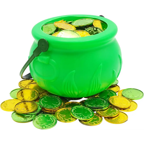 4E’s Novelty St. Patrick’s Day Pot of Gold with 100 Lucky Coins – Leprechaun Decorations Green & Gold Coins for Irish
