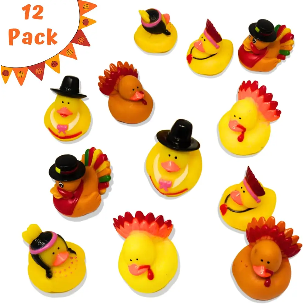 4E’s Novelty Thanksgiving Rubber Duckies in Bulk (12 Pack) – Turkey & Pilgrim Thanksgiving Rubber Ducks Holiday Rubber