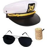 4E’s Novelty Yacht Captain Hat Costume Accessories Set - Adjustable Captain Hat Aviator Sunglasses Fake Pipe