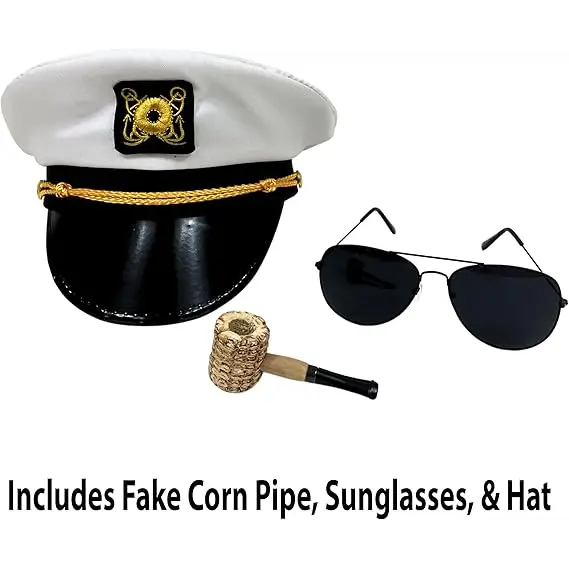 4E’s Novelty Yacht Captain Hat Costume Accessories Set - Adjustable Captain Hat Aviator Sunglasses Fake Pipe