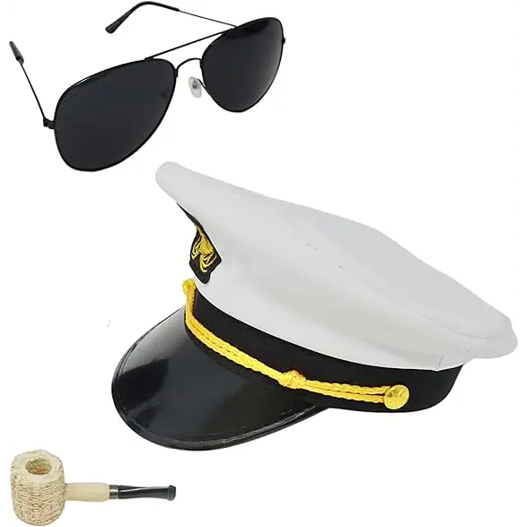 4E’s Novelty Yacht Captain Hat Costume Accessories Set - Adjustable Captain Hat Aviator Sunglasses Fake Pipe