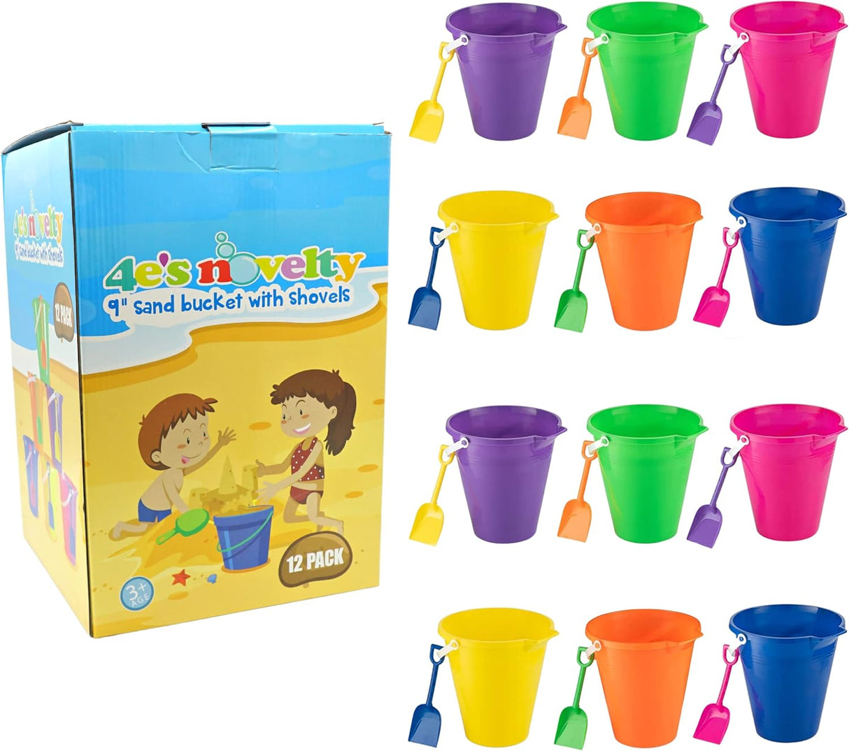 4E's Novelty 12 Pack Large Sand Bucket with Shovel – Beach Toys for Kids, Vacation Essentials
