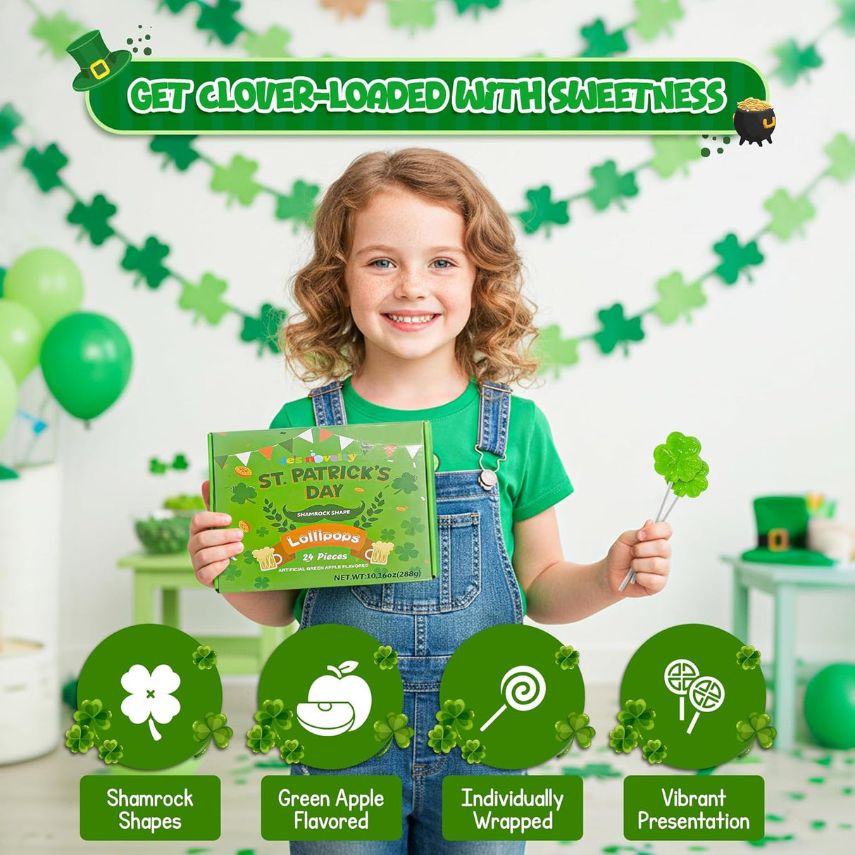 4E's Novelty 24 Pack Green Apple St. Patrick's Day Shamrock Lollipops