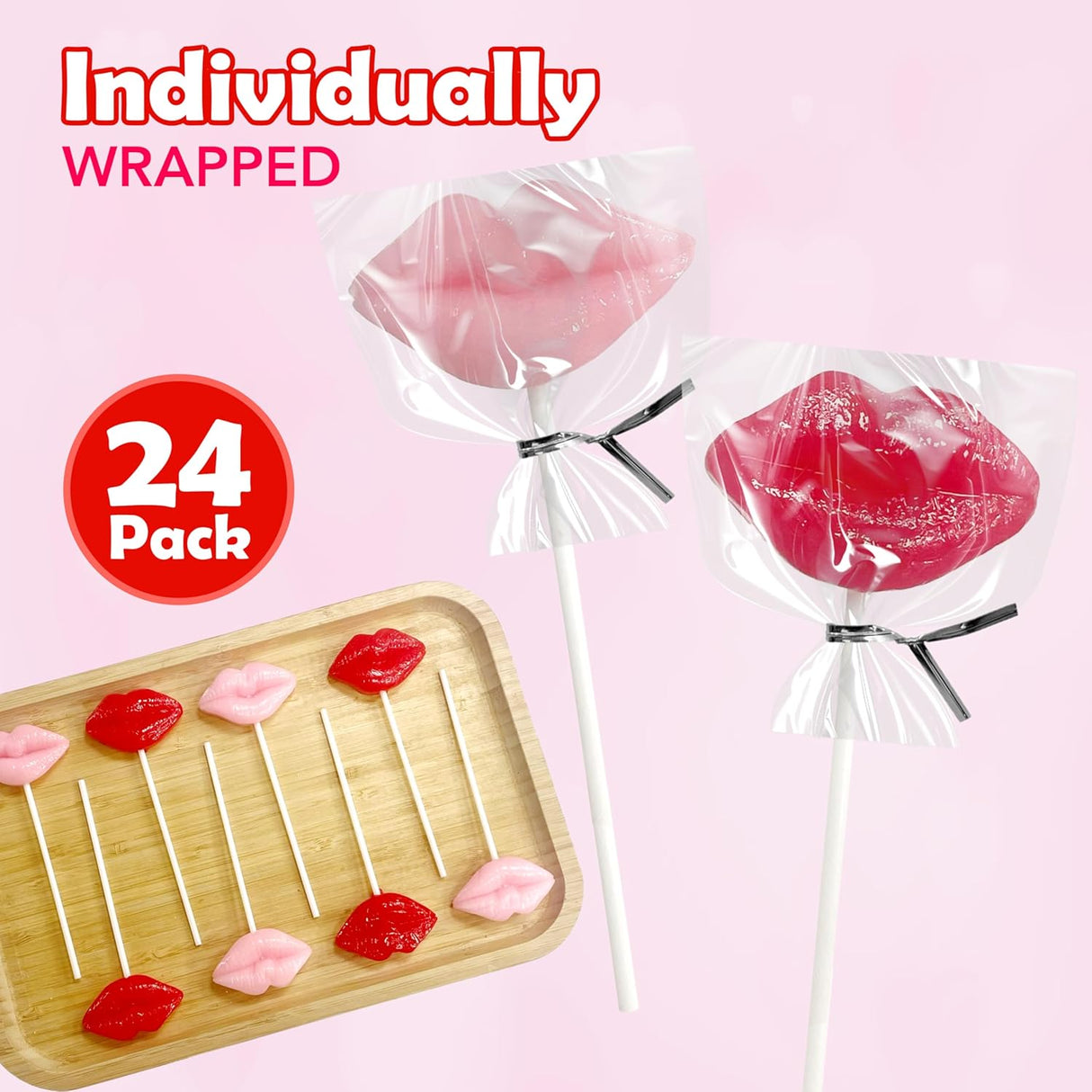 4E's Novelty 24 Pack Lip Lollipops, Individually Wrapped Yummy Lips Lollipop Bulk