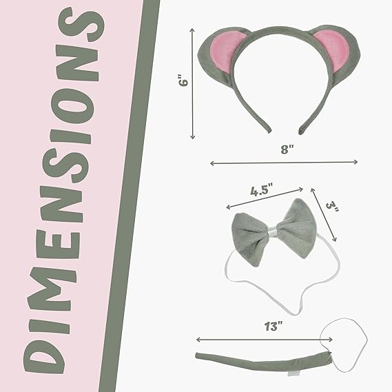 4E's Novelty Mouse Costume Kit - 3 Pcs Set with Mouse Ears Headband, Mouse Tail Costume Accessory, and Bowtie Comfortable Halloween Rat Costume