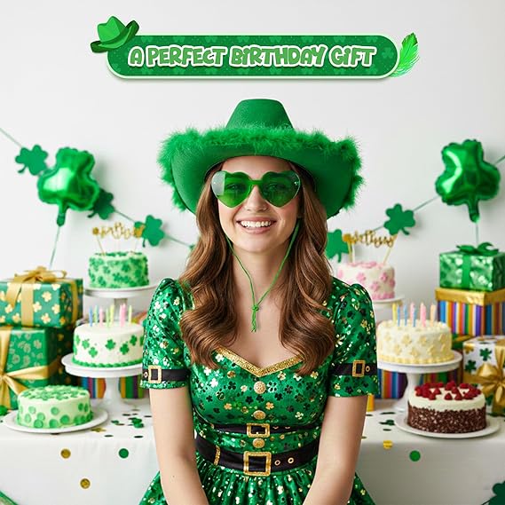 4E’s Novelty Green Cowboy Hat with Feathers & Heart-Shaped Sunglasses - Perfect Cowboy Outfit Accessory, Cowboy Hat for Party Costume Dress Up