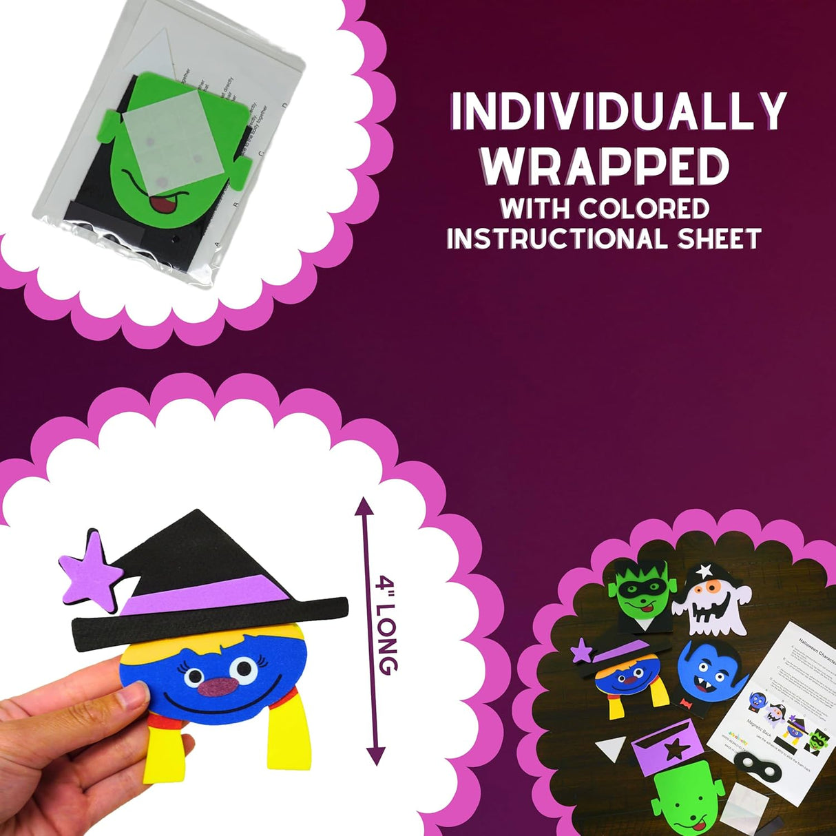 4E's Novelty 12 Pack Halloween Magnetic Monster Craft Kit – Foam Crafts for Kids Ages 3-12, Party Fun