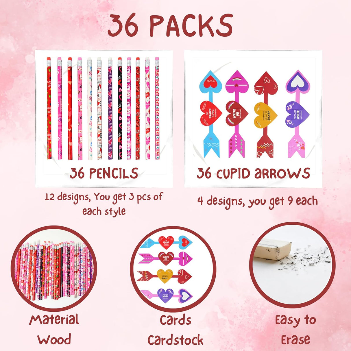 4E's Novelty 36-Pack Valentine Pencil Set – Pencils, Cards & Erasers for Classroom Gifts